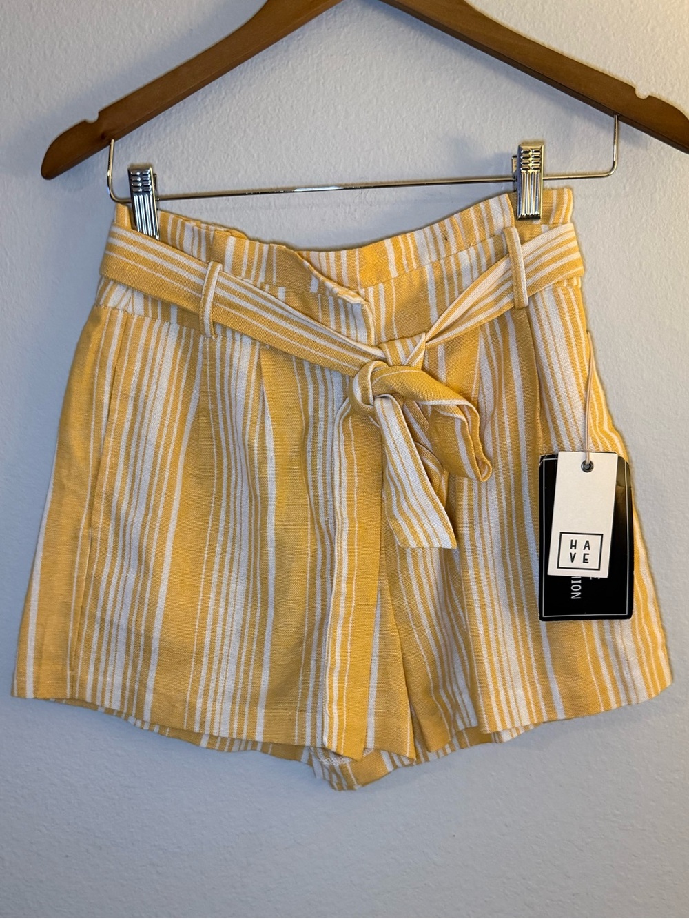 Have Yellow and White Striped High-Waist Tie-Belt Shorts